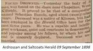 Death notice of Sebastian Rennie 1898, Ardrossan & Saltcoats Herald