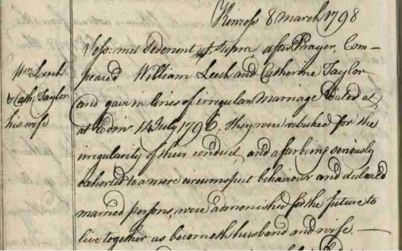 A reprimanded irregular marriage in Scotland between Catherine Taylor & Wlm Leech