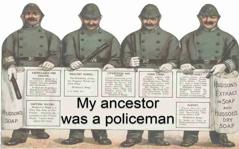 Police constables holding a banner 'My ancestor was a policeman'.