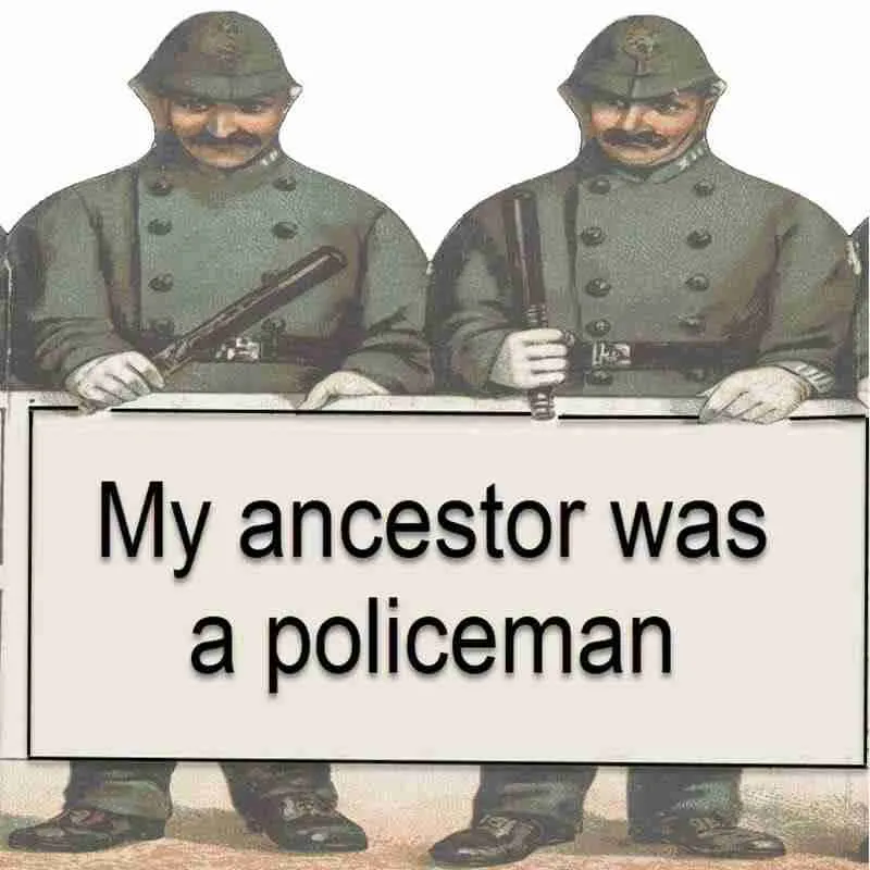 Two police constables holding a banner 'My ancestor was a policeman'