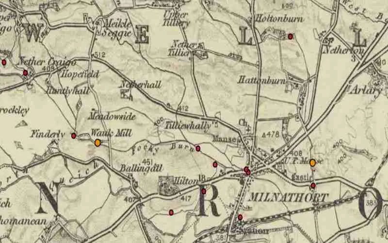 Map of Milnathort in Orwell parish with location of mills