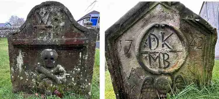 Gravestones with skull and cross bones in the St Serf & Devonside cemetery.