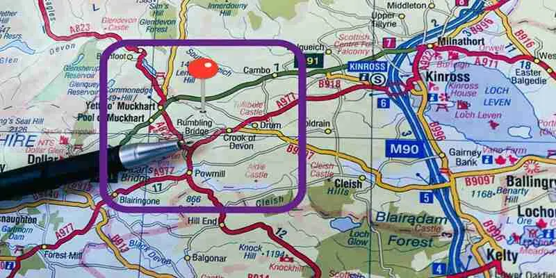 A map of Scotland with Fossoway parish where Rumbling Bridge is located.