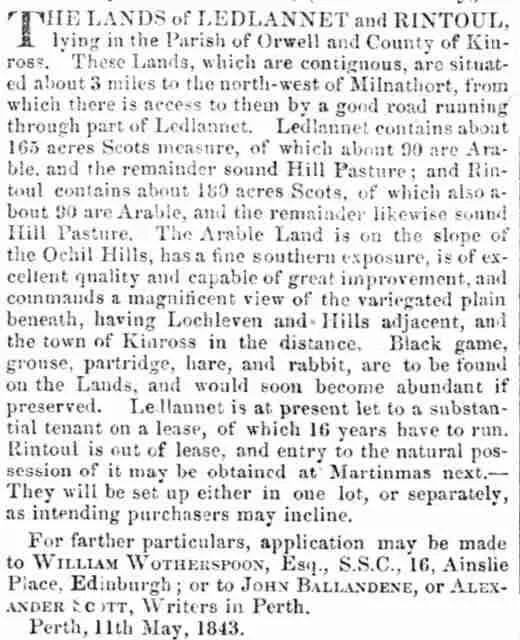 1843 advertisement for sale of land at Rintoul farm.