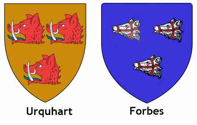 The similarity between the Urquhart and Forbes coat of arms.